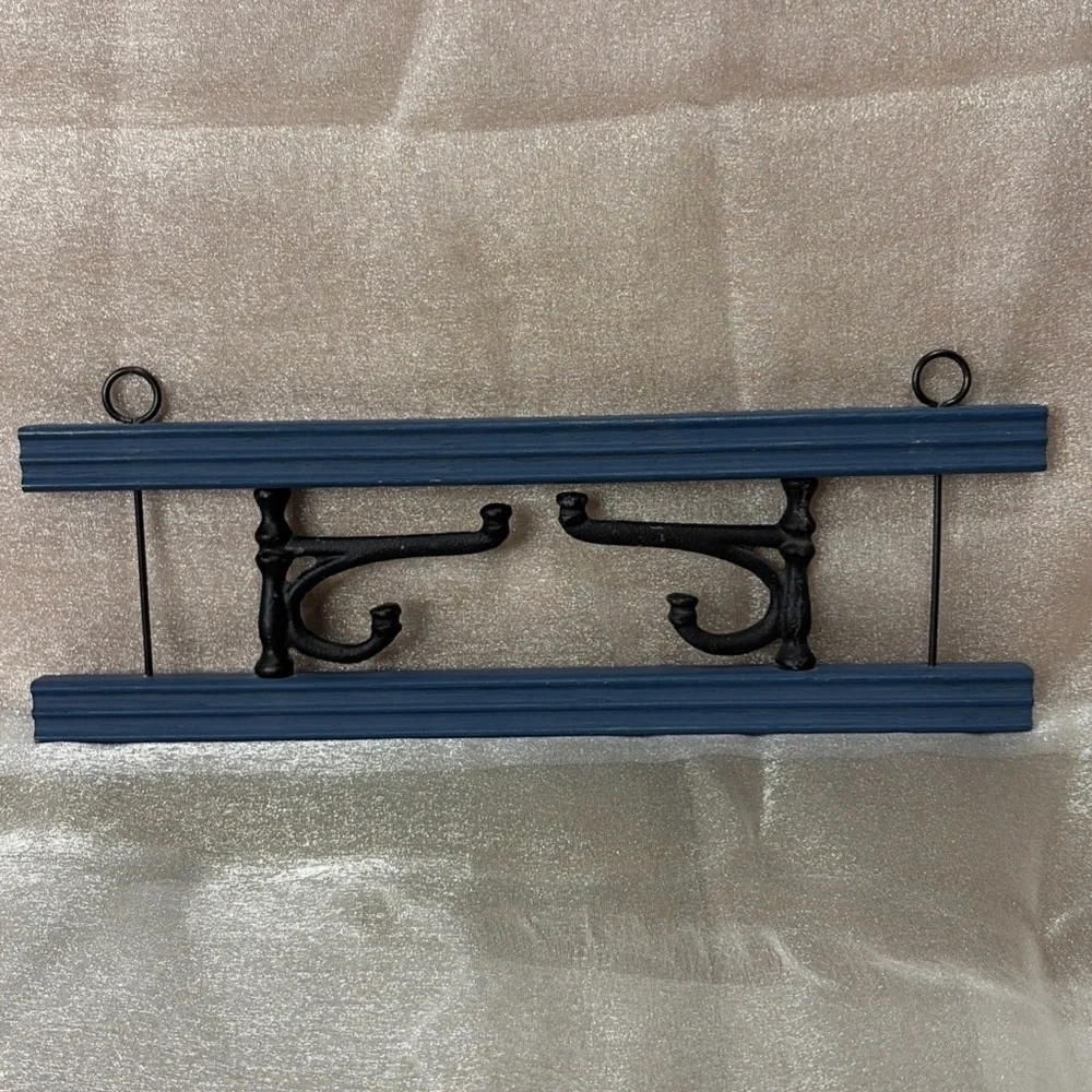 Blue Vintage Wall-Mounted Coat Rack with Black Metal Hooks